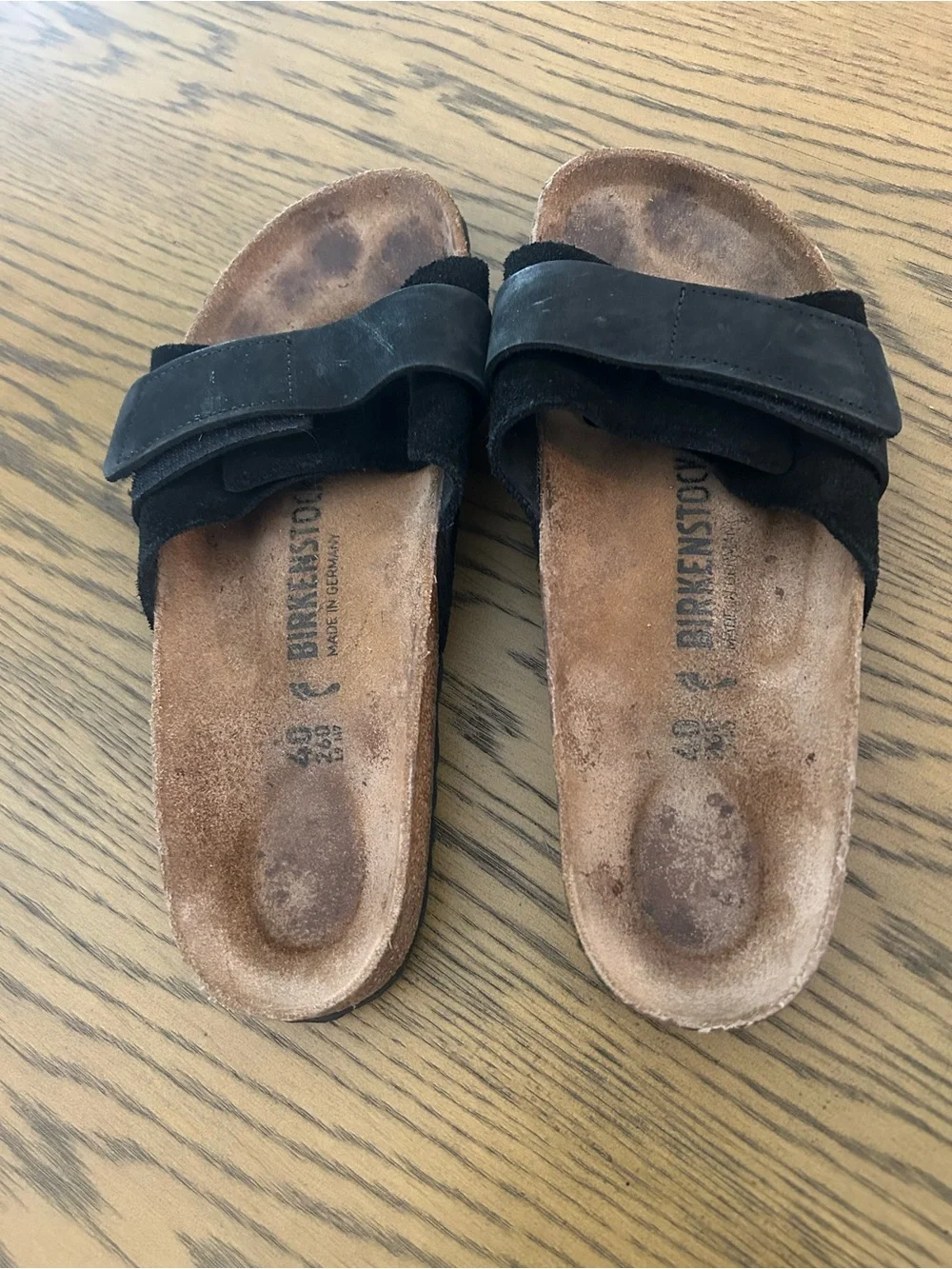 Birkenstock black slide sandals.